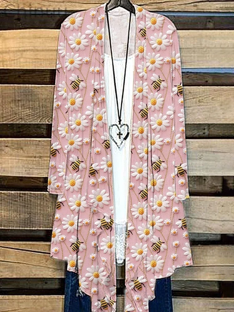 Bee & Daisy Embroidery Art Casual Cozy Cardigan