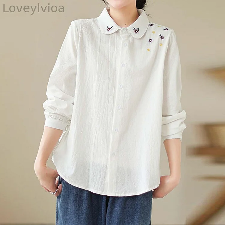 Vintage Flower Embroidery Lapel Button Down Casual Shirt