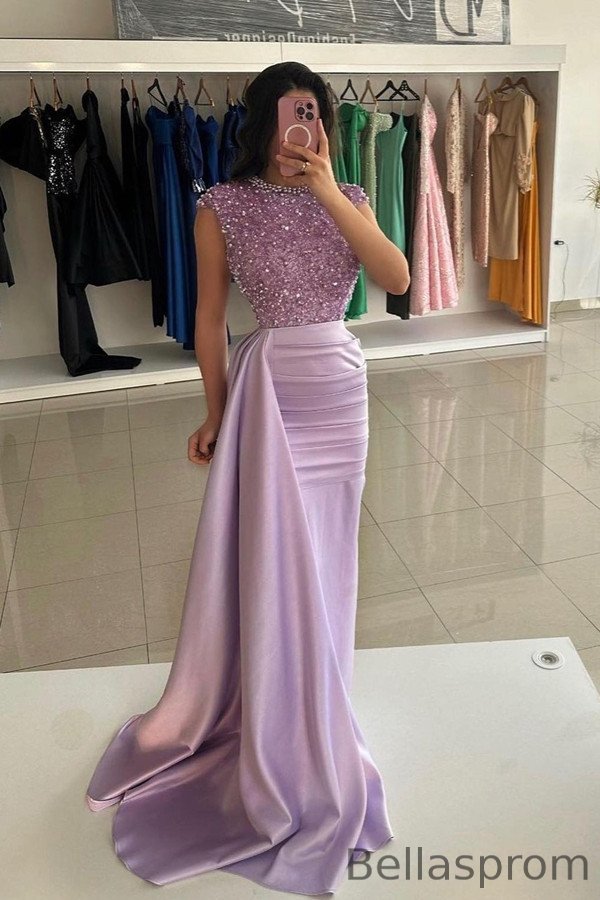 Bellasprom Lilac Cap Sleeve Mermaid Party Dress Ruffle With Pearls Sequins Beads Bellasprom
