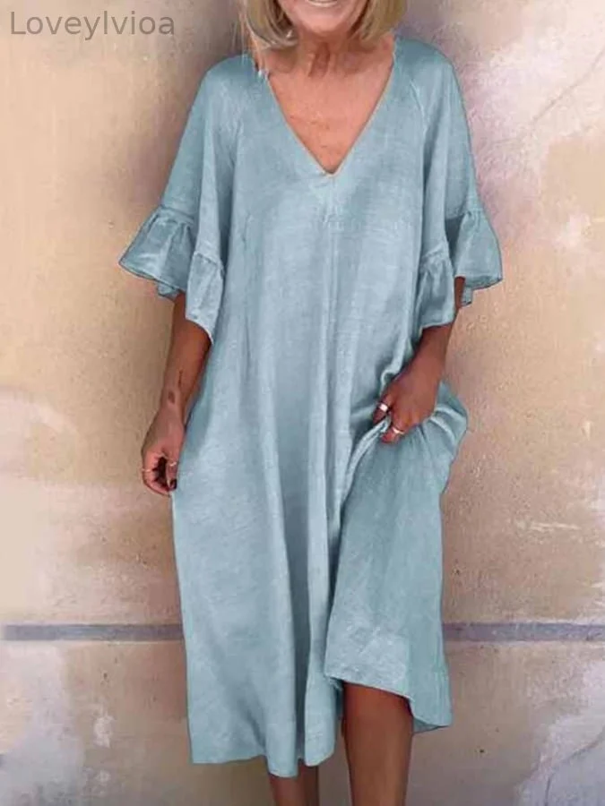 Women's V-neck Ruffled Cotton And Linen Dress