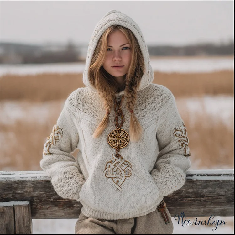 Women's Viking Style Celtic Knot White Hooded Sweater