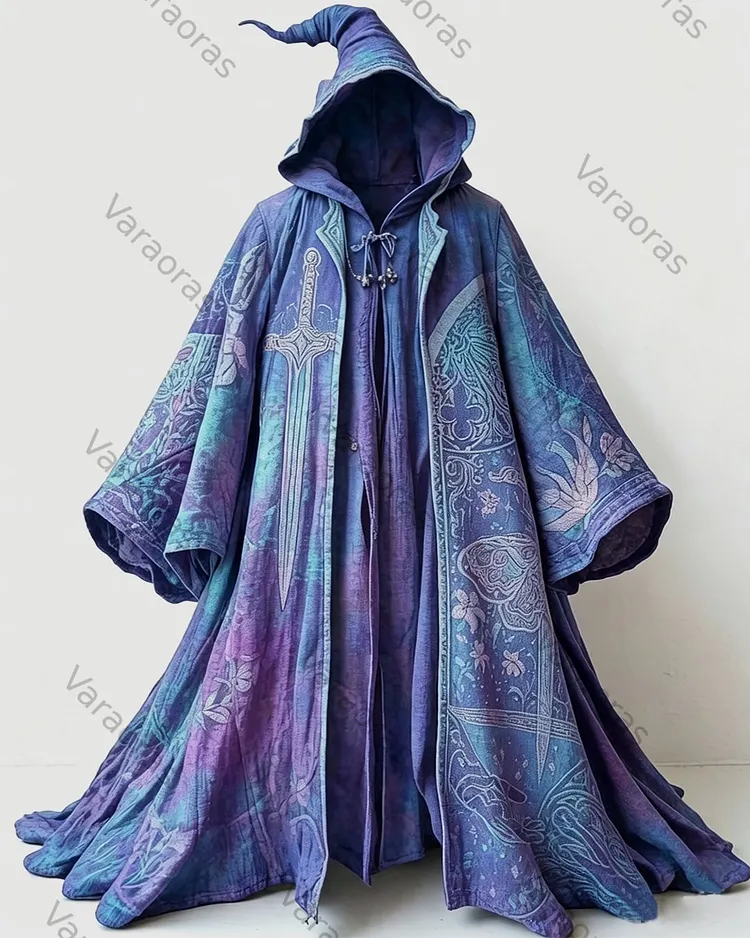 Men's fashionable hippie print cotton and linen hooded cape 8810