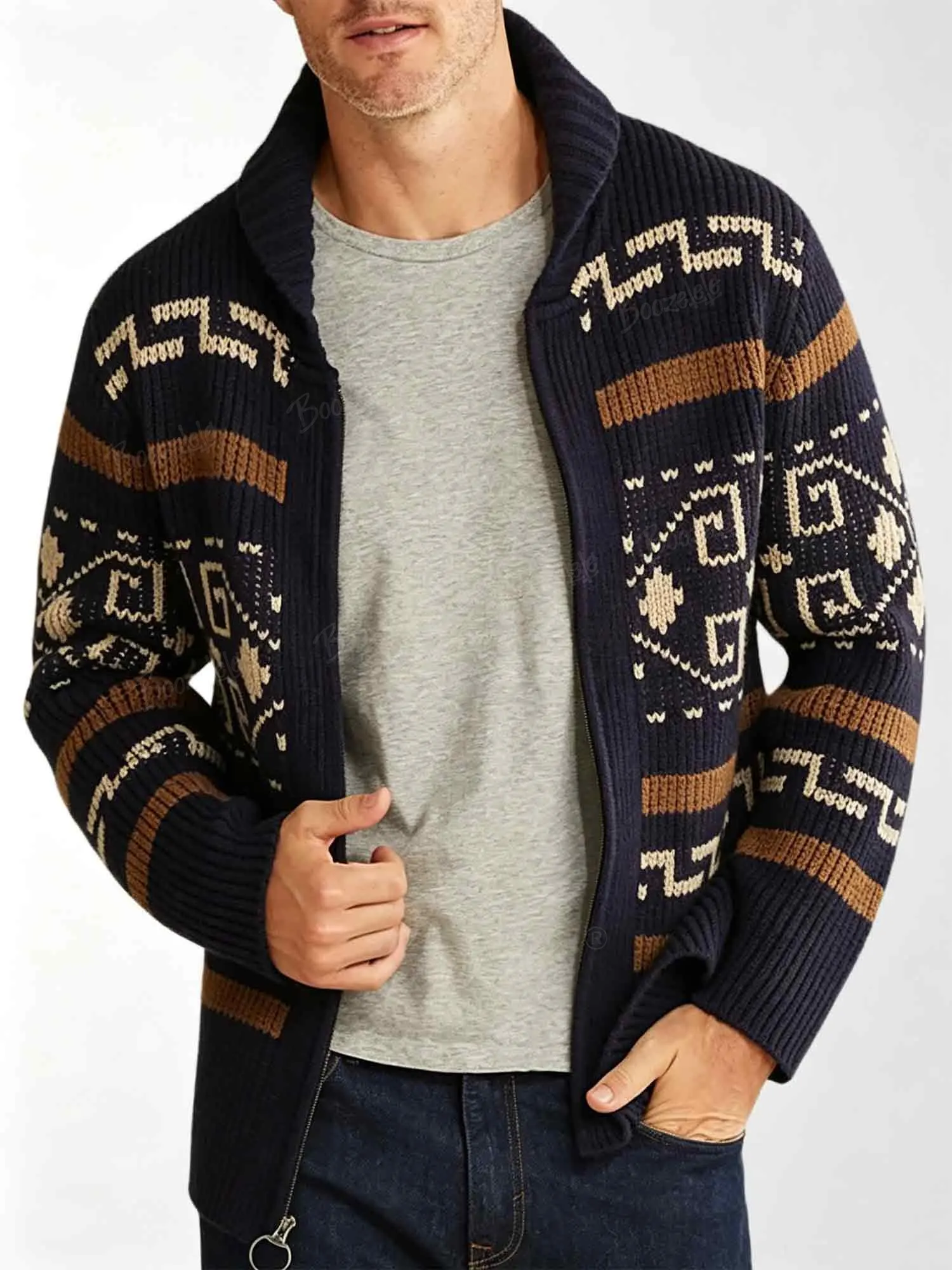 Vintage Western Tribal Aztec Pattern Rib Knit Zip Up Long Sleeve Jacket