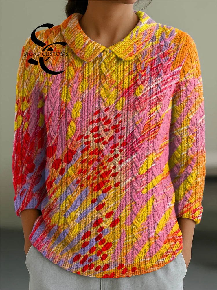 Women's Abstract Pattern Art Print Casual Peter Pan Collar 3/4 Sleeve Sweater