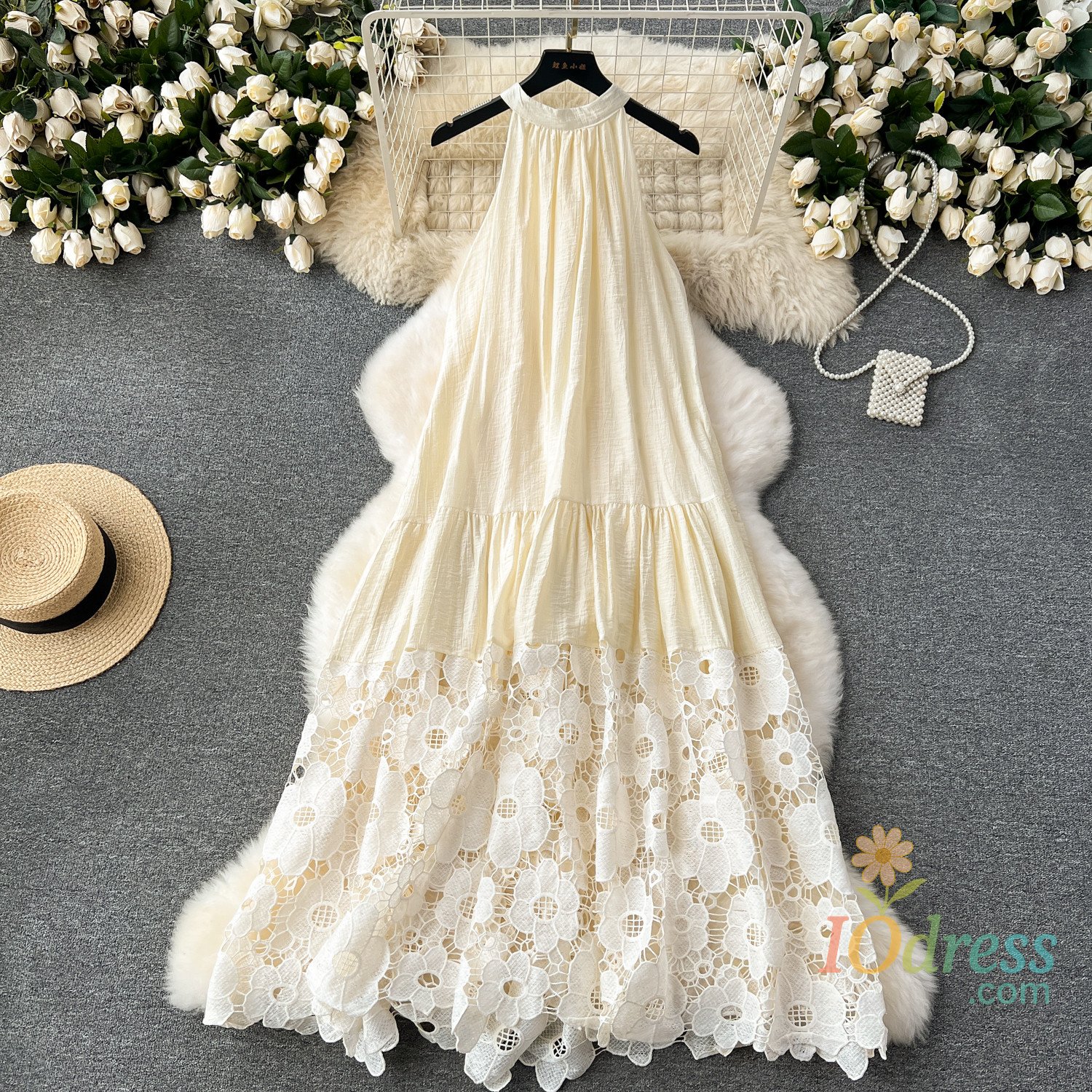 IO Dress Fashion Embroidery Flower Lace Hollow Out Summer Dress Casual Lace-up Sleeveless Loose Holiday Sundresses Beach Dress