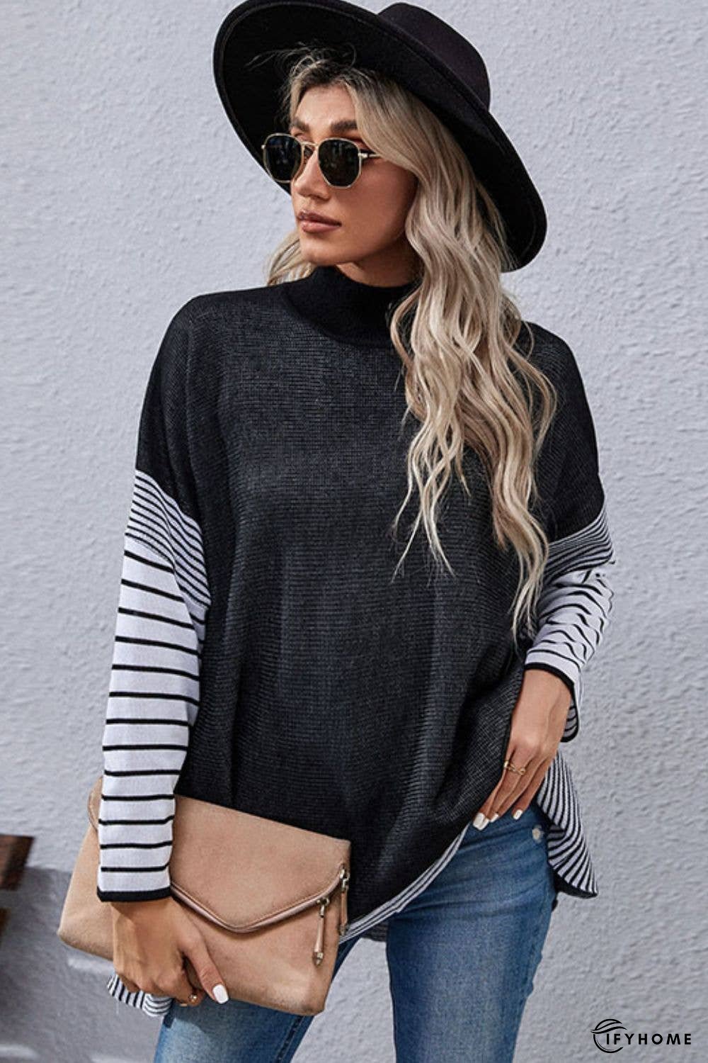 Striped Dolman Sleeve Mock Neck Knit Pullover | IFYHOME