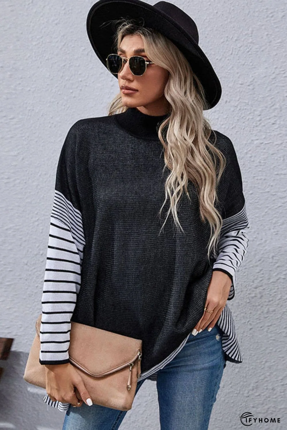 Striped Dolman Sleeve Mock Neck Knit Pullover | IFYHOME
