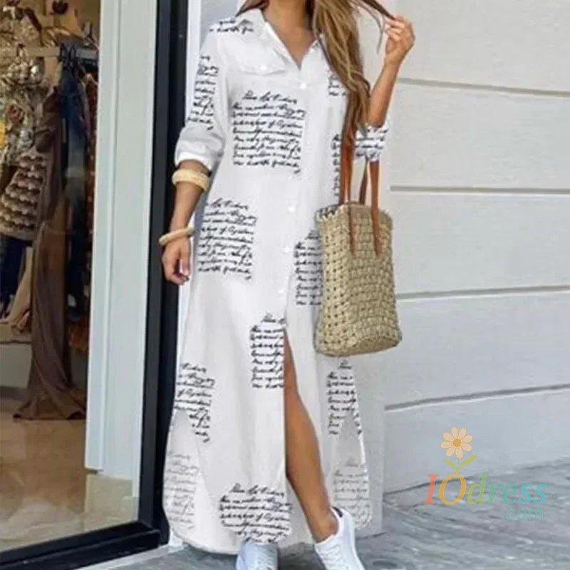 IO Dress Casual Long Shirt Dress Autumn Women Long Sleeve Maxi Dresses Laides Turn-down Collar Office Dresses Loose Sundress Robe Longue IO Dress