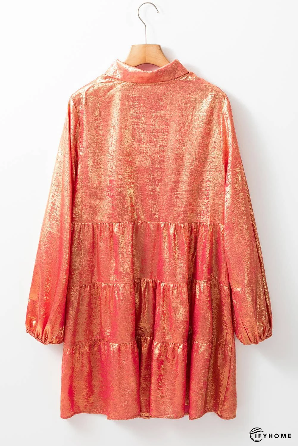 Metallic Sheen Puff Sleeve Mini Shirt Dress | IFYHOME