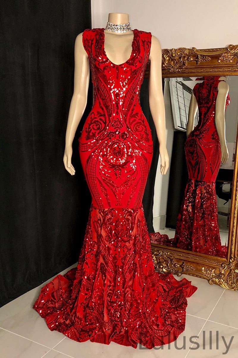 Modern Sleeveless V-Neck Mermaid Prom Dresses Sequins Long Online - lulusllly