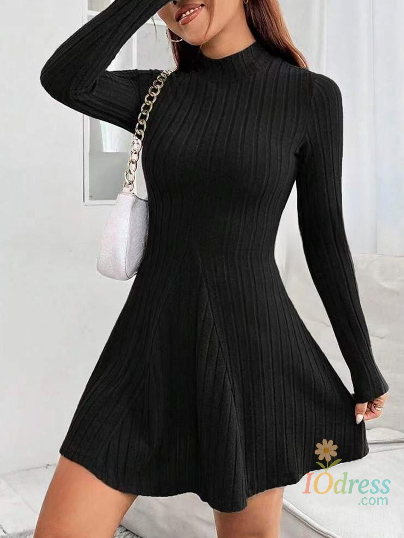IO Dress Women's slim fit half high collar waist cinched A-line skirt long sleeved pit stripe dress IO Dress