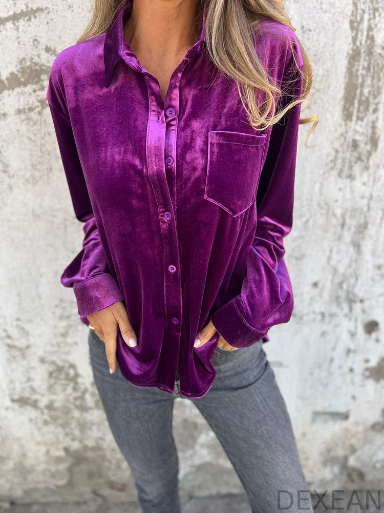 Gold Velvet Lapel Long Sleeve Casual Shirt