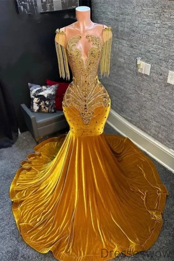 Dresseswow Gold Mermaid Velvet Ball Dresses Long With Beadings Tassels