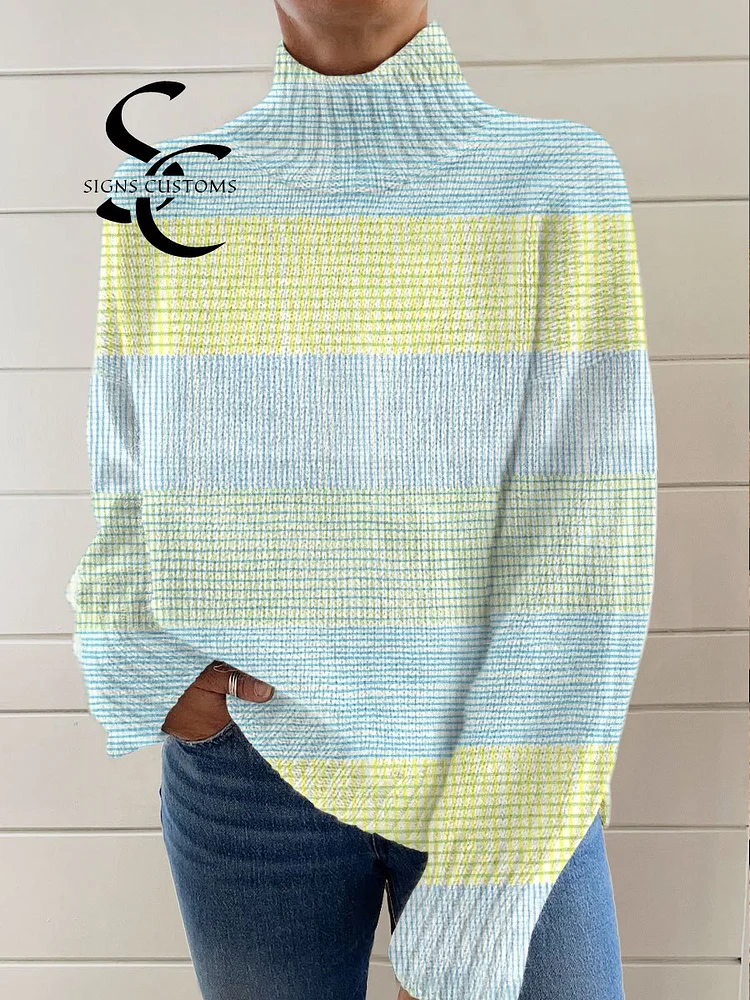 Vintage Abstract Geometric Art Print Knit Turtleneck Pullover Sweater