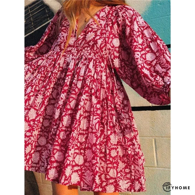 Half Sleeves V-Neck Floral Printed Casual Loose Mini Dress | IFYHOME