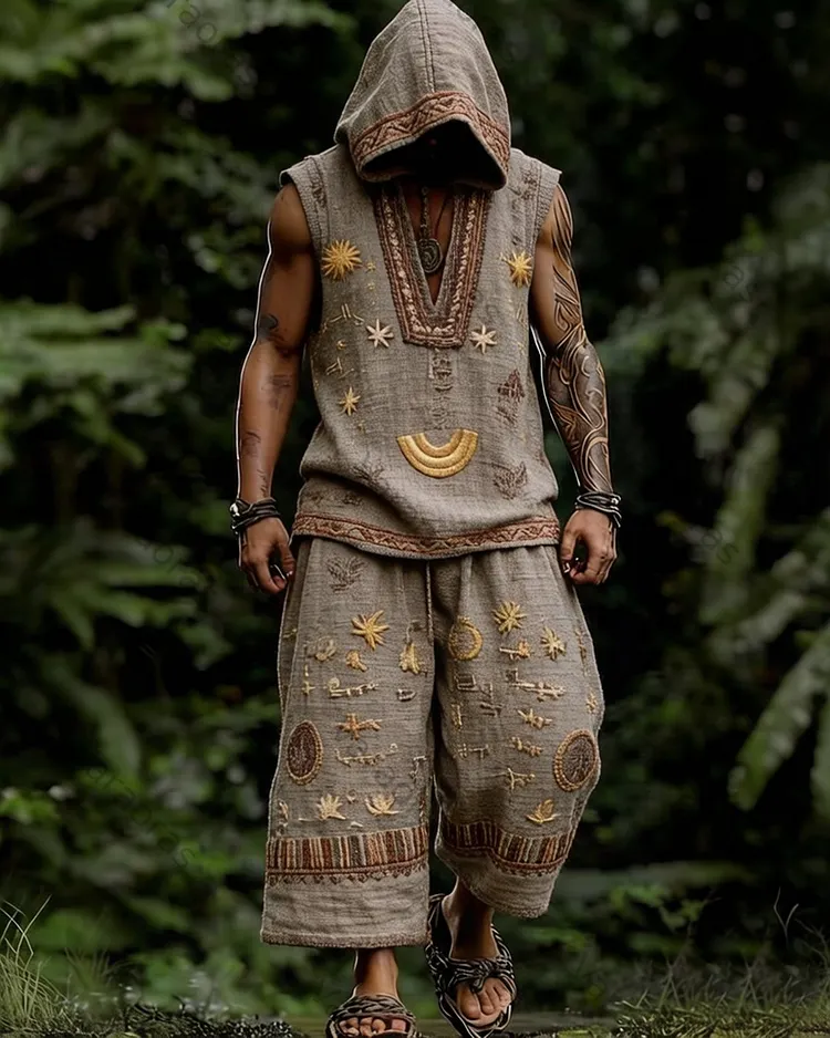 Men's Summer Fashion Color-Blocked Star and Moon Embroidered Top and Pants Set 5045