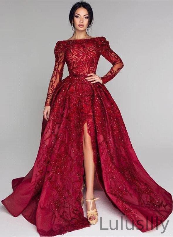 Long Sleevess Burgundy Stunning Sequins Prom Dresses Side Split - lulusllly