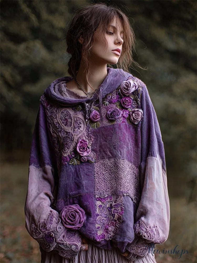 Vintage Purple Roses Fiber Art Lace Patchwork Hoodie