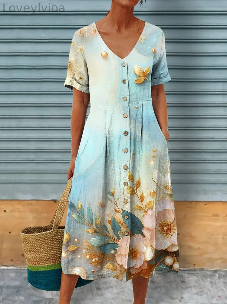 3D Peony Floral Art Printed Women's Linen Pocket Tunic Dress