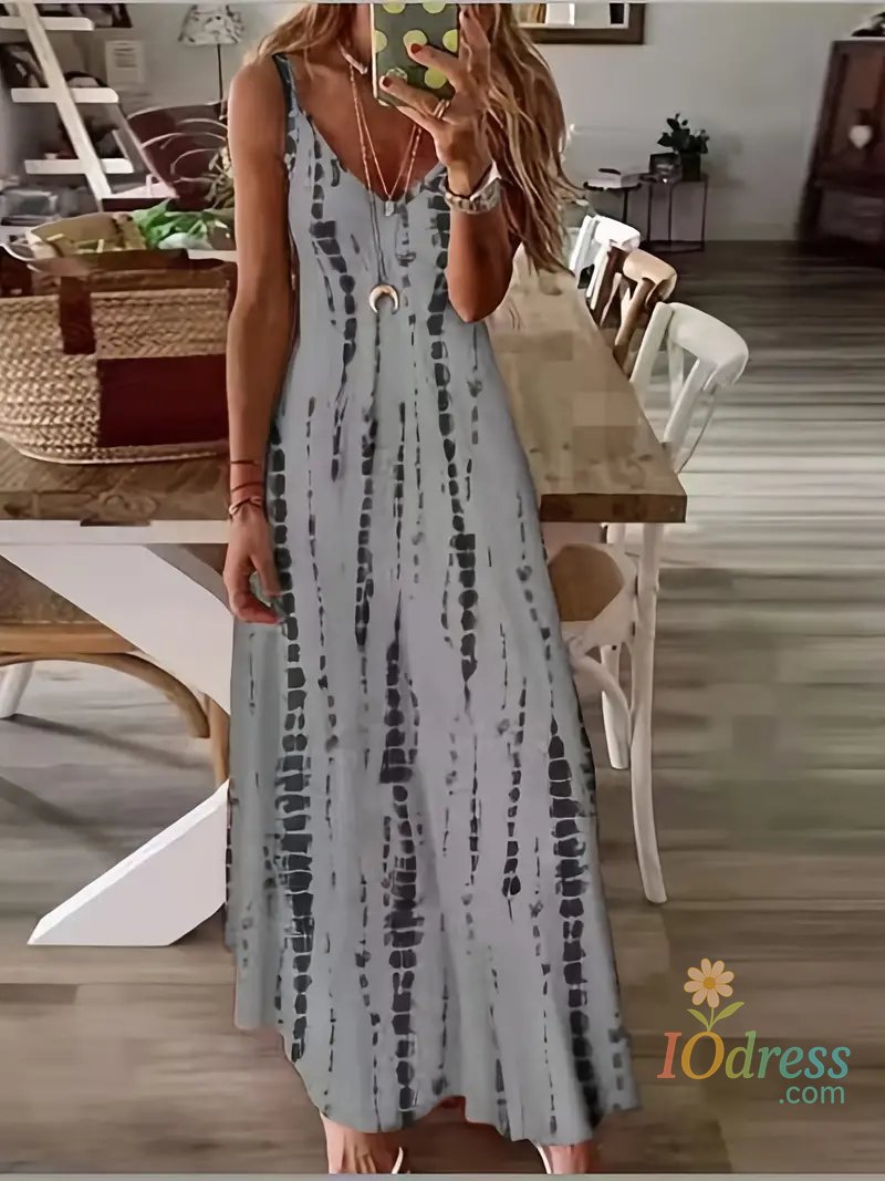 IO Dress Women's Casual Loose V-neck Tie Dye Printed Spaghetti Maxi Dress Summer Beach Vacation Long Dress