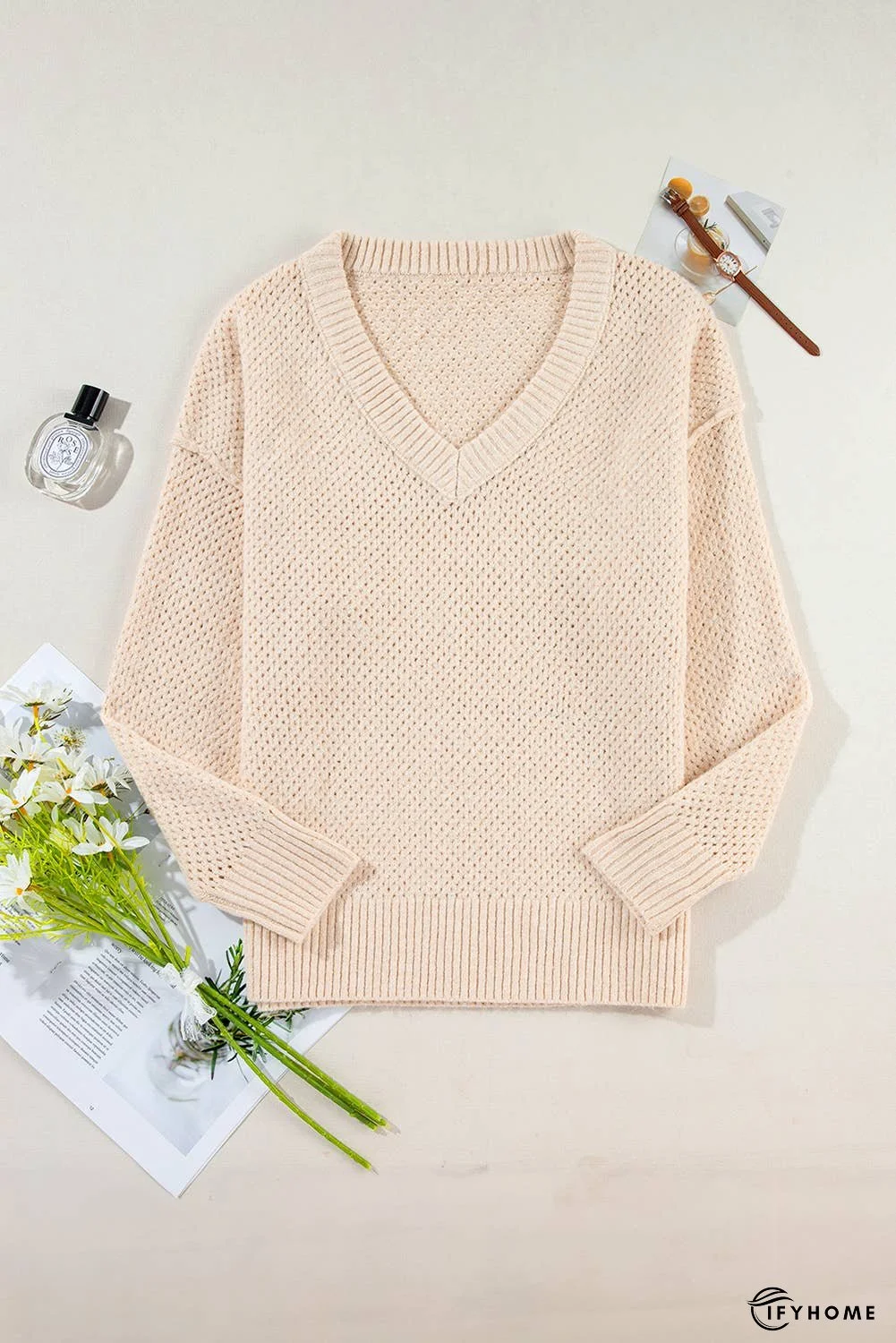 Loose Eyelet V Neck Drop Shoulder Sweater | IFYHOME