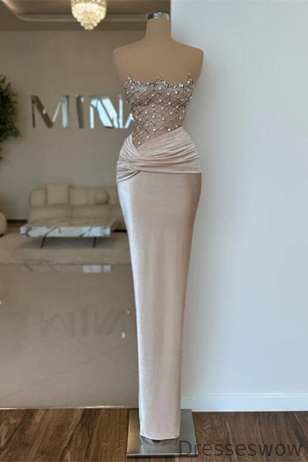 Dresseswow Pink Velvet Mermaid Evening Dress Strapless Long With Beads