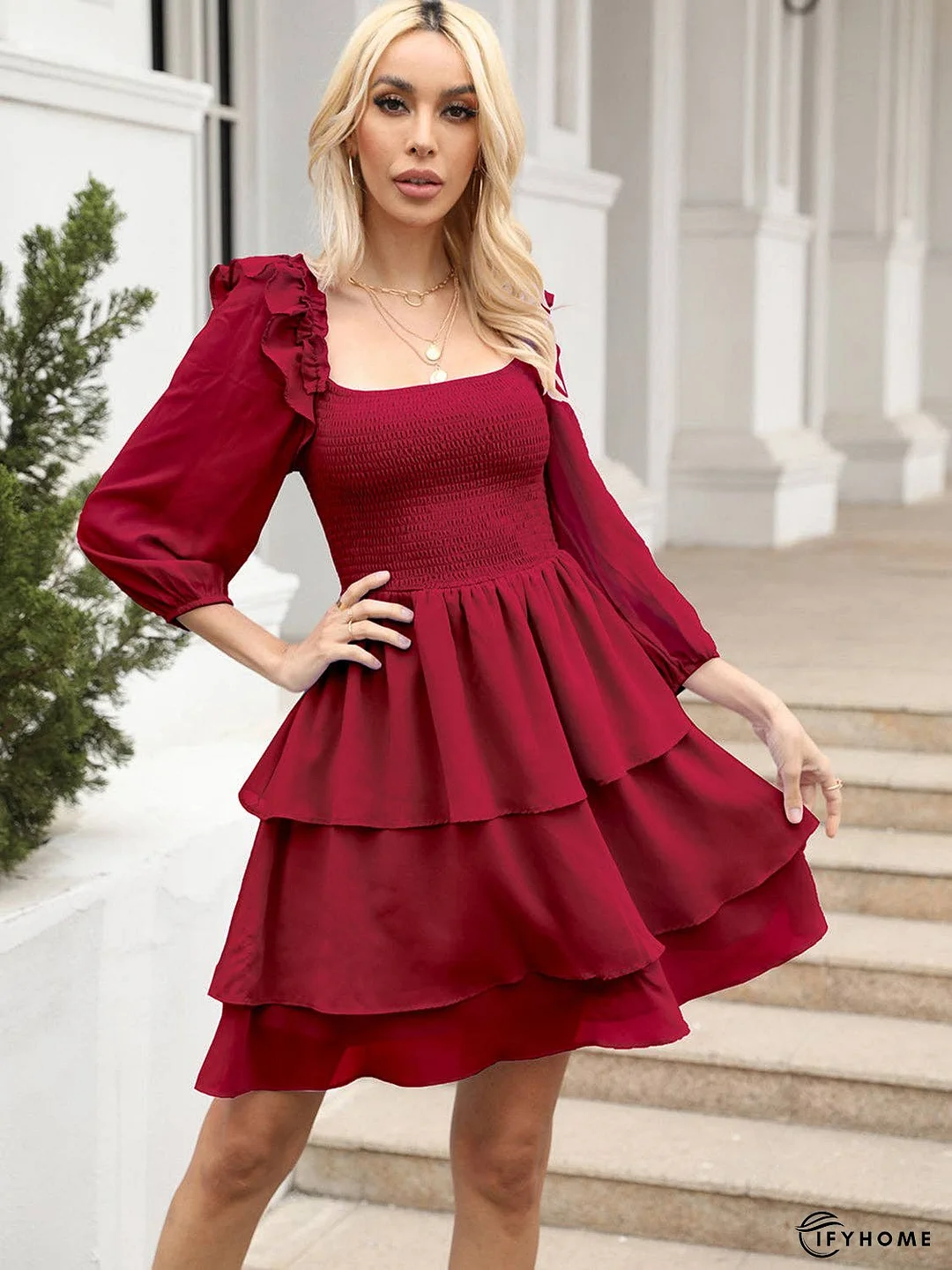 Smocked Square Neck Layered Dress | IFYHOME