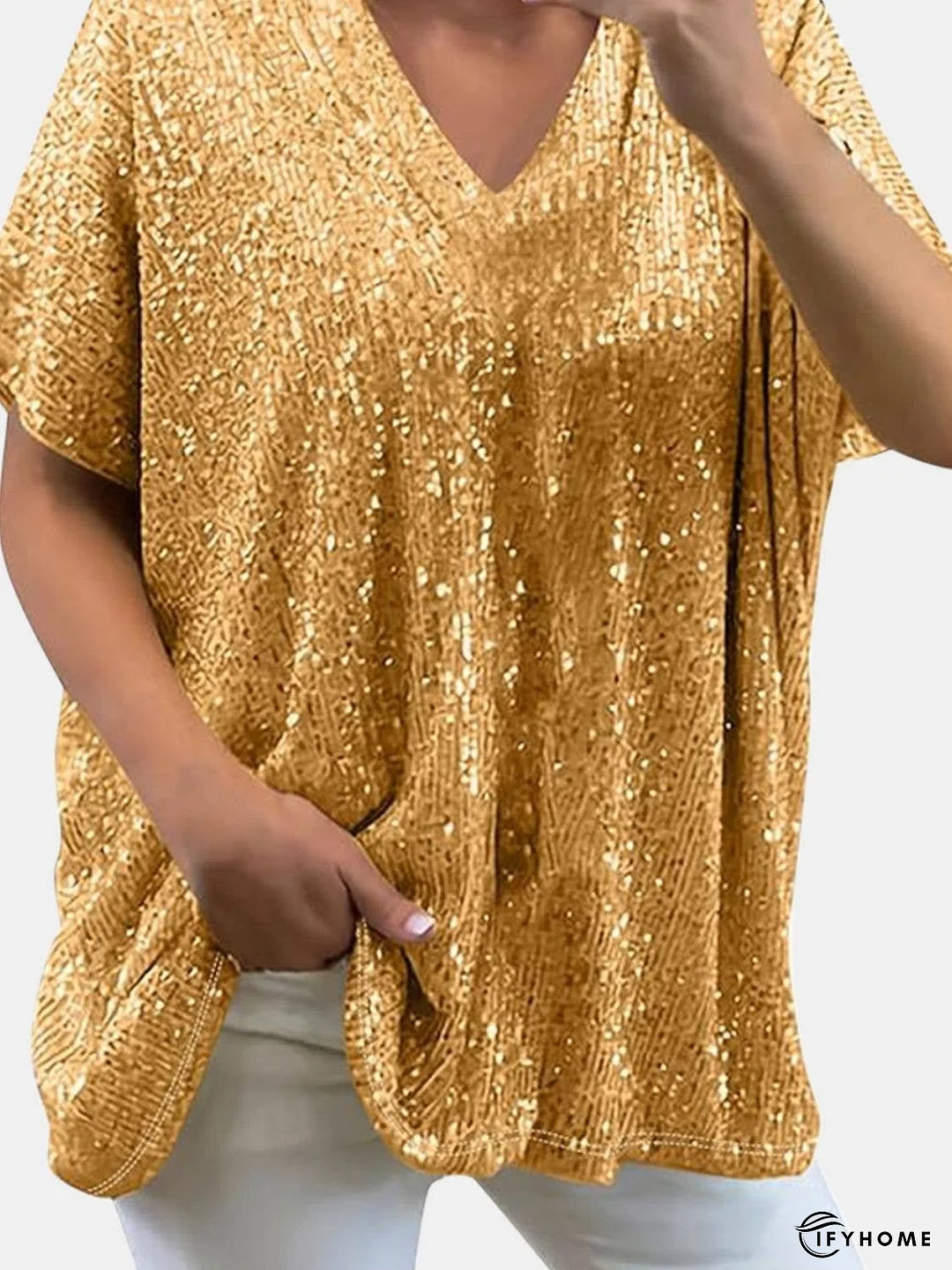Full Size Sequin V-Neck Short Sleeve Top | IFYHOME