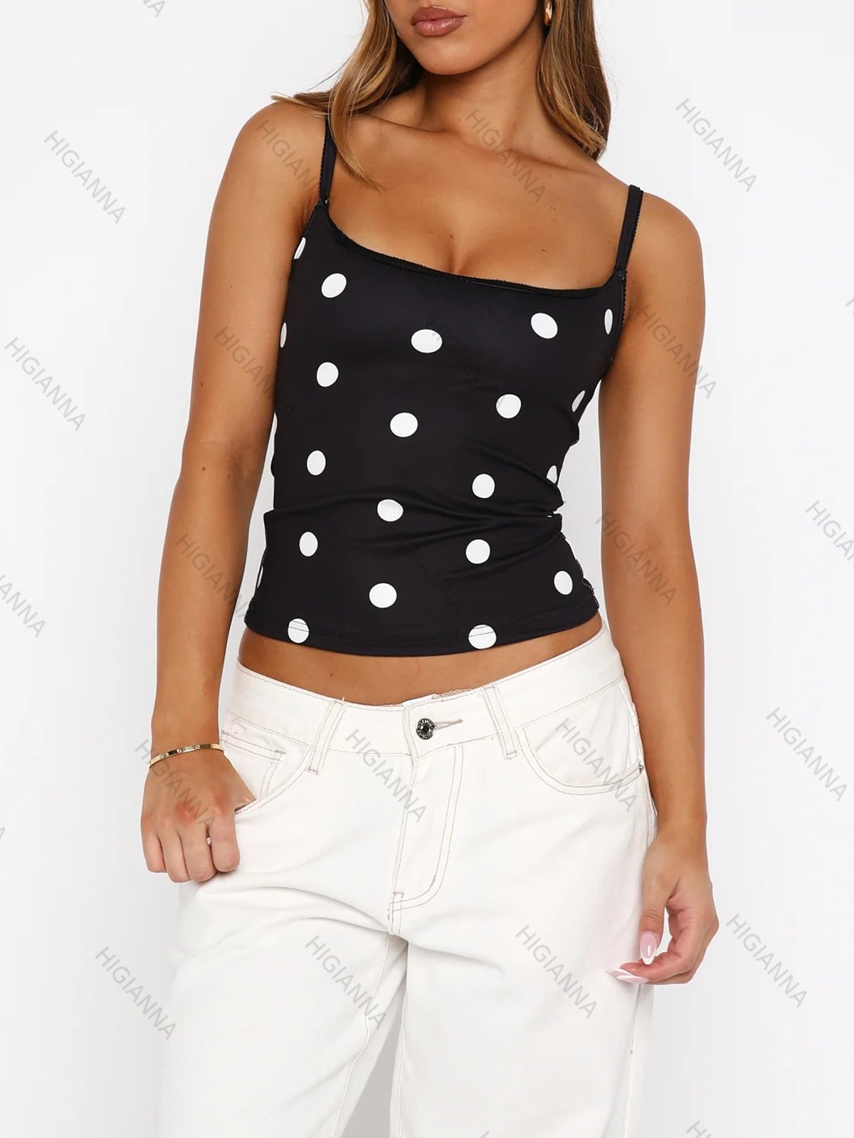 Square-Neck Polka Dot Spaghetti Strap Crop Top - HIGIANNA&reg;