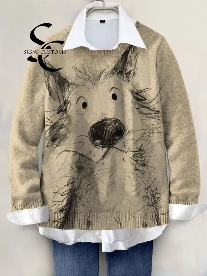 Cute Dog Hand-Painted Knit Pullover Sweater