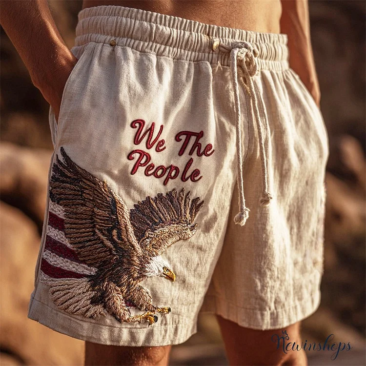 Bald Eagle & We The People Embroidered Pattern Men's Linen Shorts