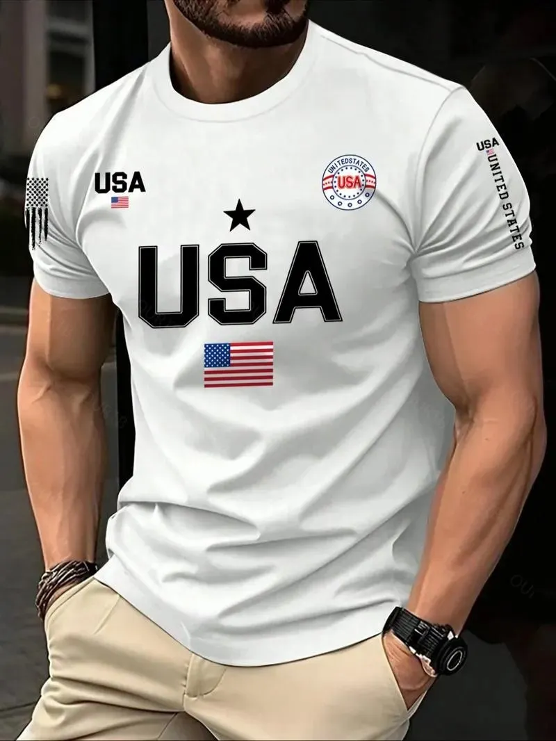 Men's USA Flag Print Round Neck Tee, Regular Fit Casual Short Sleeve Crew Neck T-Shirt for Summer, Fashion Men's Top for Daily Wear Men's USA Flag Print Round Neck Tee, Regular Fit Casual Short Sleeve Crew Neck T-Shirt for Summer, Fashion Men's Top for Daily Wear