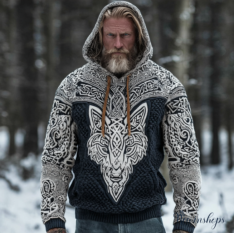 Men's Hooded Thick Sweater With Viking Style Tribal Totem And Wolf Totem Patterns
