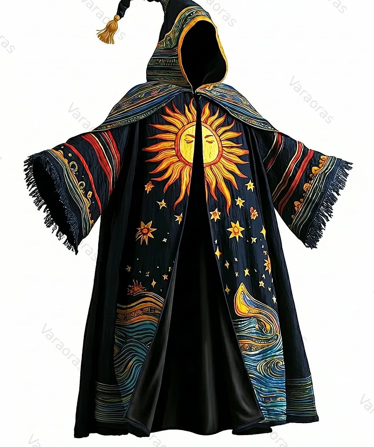 Men's Fashion Star and Moon Print Hand-stitched Linen Hooded Cape  4361