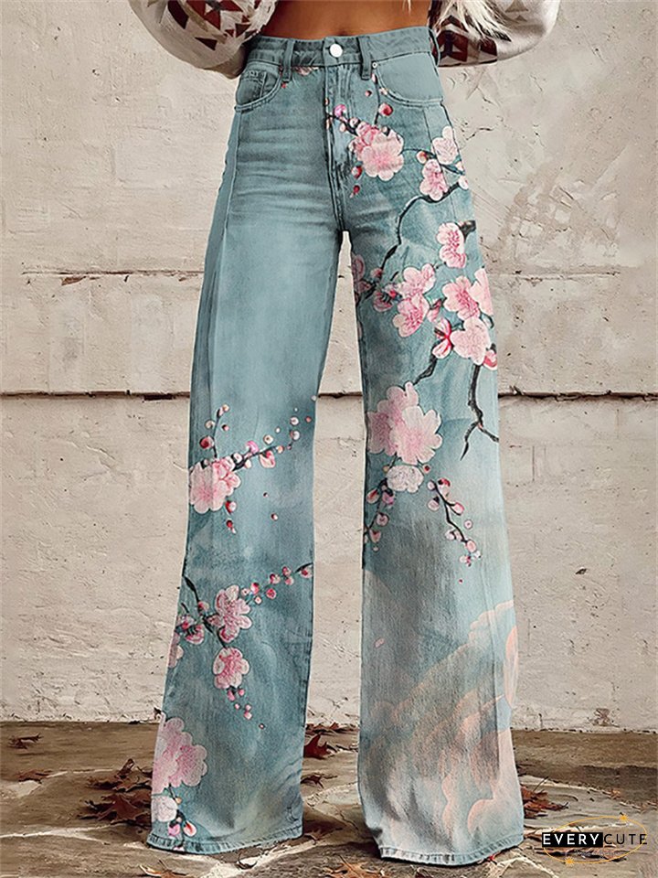 Women's New 3D Printed Flare Pants Imitation Denim Pants Jeans