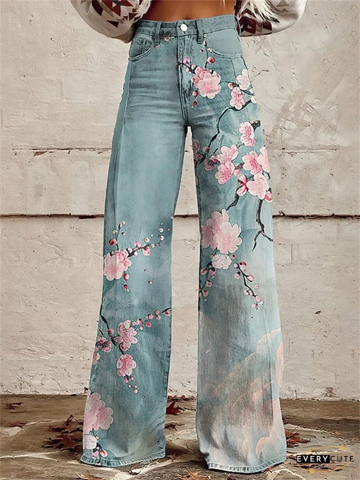 Women's New 3D Printed Flare Pants Imitation Denim Pants Jeans