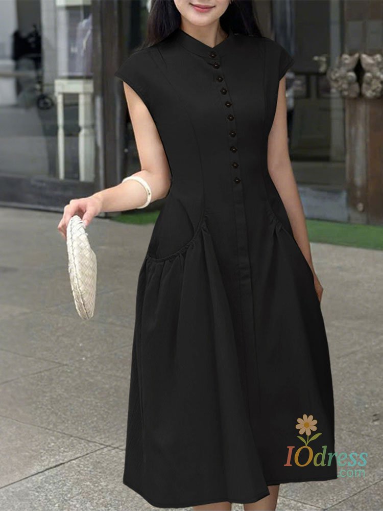 IO Dress Stylish Office OL Dress choice Women Dresses Trend 2025 Summer Sleeveless Work Sundress Elegant Stand Neck Buttons Up Vestidos