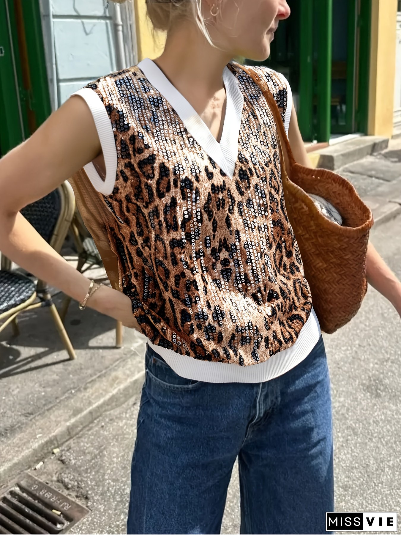 Women's Sequin Leopard Print V-Neck Tank Top - Slim Fit H-Silhouette Sleeveless Blouse for Spring/Summer, Machine Washable Casual & Evening Outfits, Tank Tops for s, Spring Summer Apparel, Durable Fabric