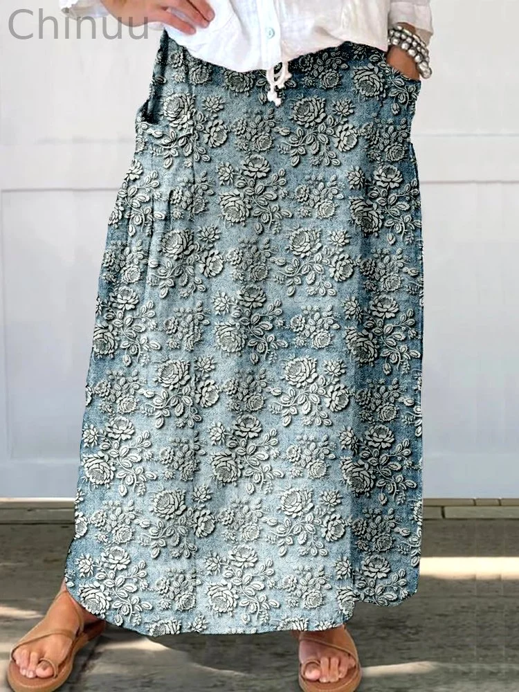 Vintage Floral Pattern Linen Blend Pocket Half Skirt