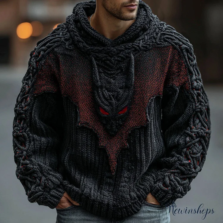Halloween Devil Bat Inspired Jacquard Art Hooded Sweater
