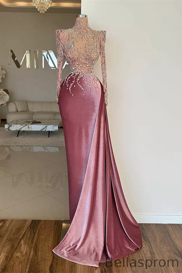 Bellasprom Long Sleeves High Neck Prom Dress Mermaid With Beadings Bellasprom