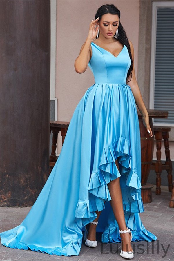 Amazing Ocean Blue V-Neck Sleeveless Evening Dress Hi-Lo - lulusllly
