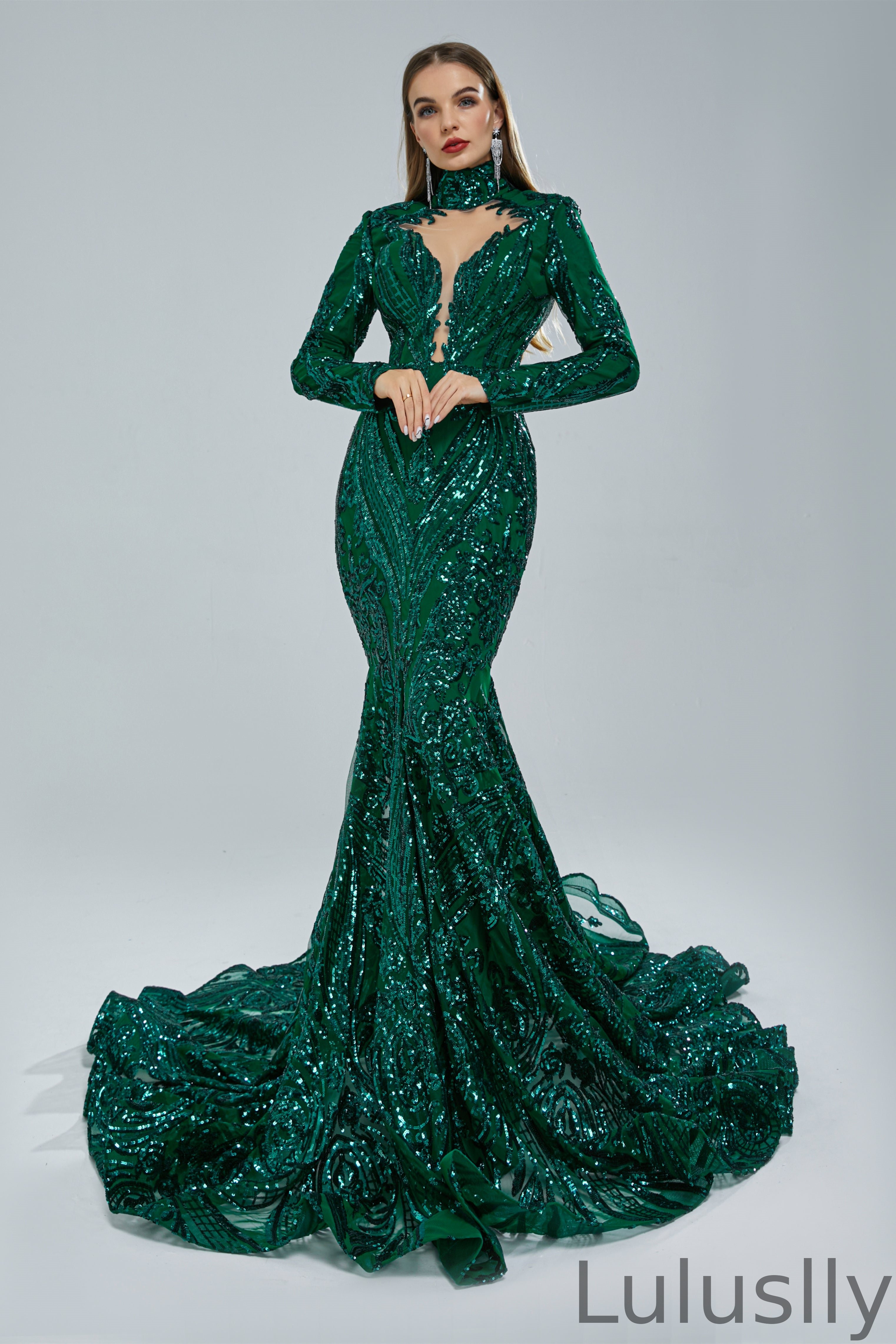 Luluslly Long Sleeves Emerald Green Prom Dress Mermaid Sequins Long