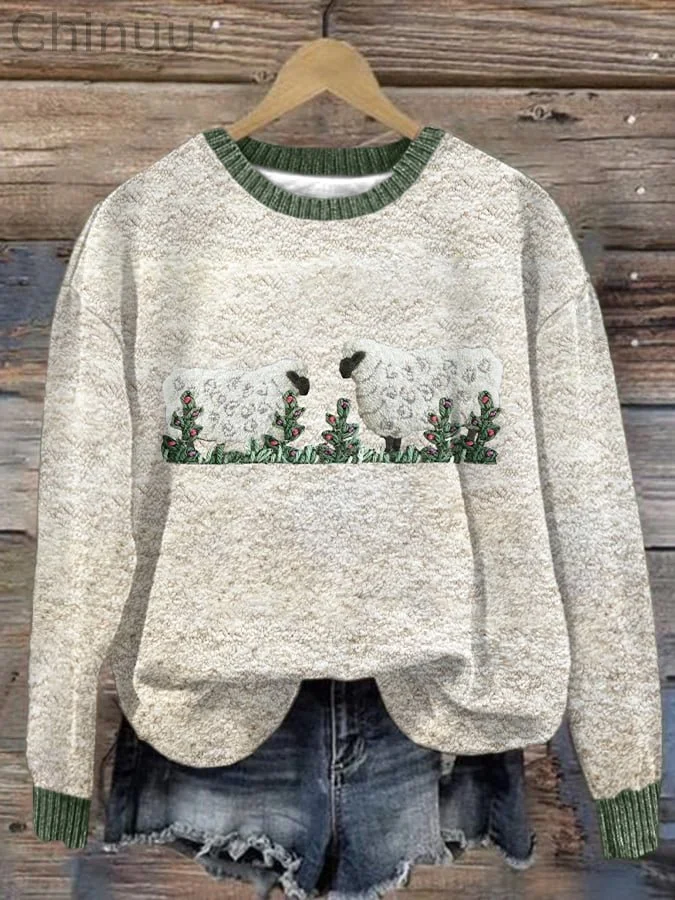 Women's Cute Plush Sheep Pattern Print Sweatshirt
