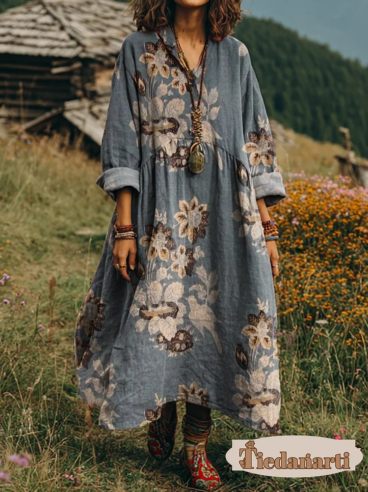 Women's Vintage Floral Art Print V-Neck Long Sleeve Cotton Pocket Dress