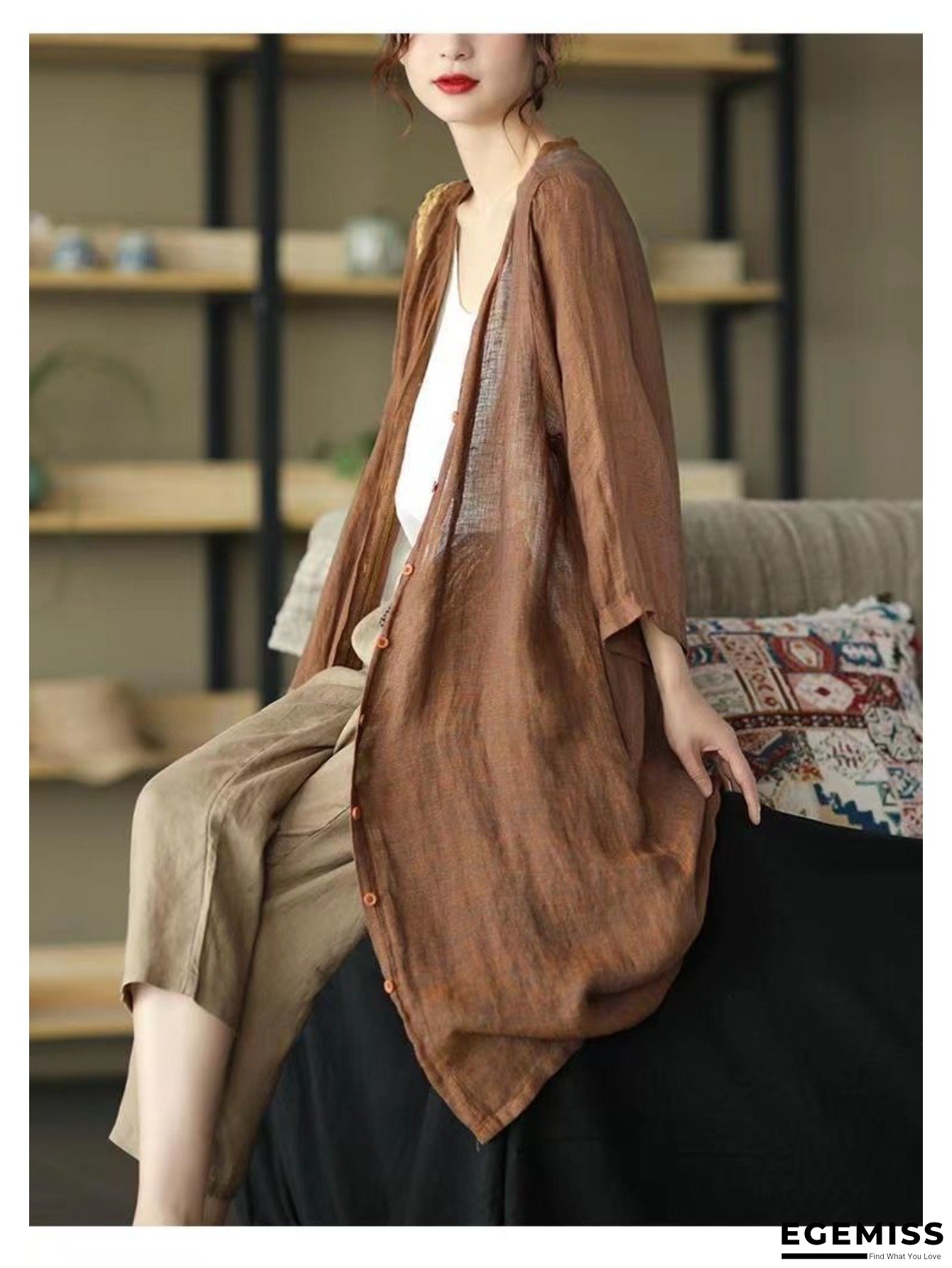 Plus Size - Women's Retro Linen Mid Length Cardigan - Casual Loose Oversized Air Conditioned Shirt with Pocket, Solid Color, Casual Outer Layer for Spring/Summer, Casual Summer Wear | Relaxed Fit Cardigan | Linen Fabric | EGEMISS