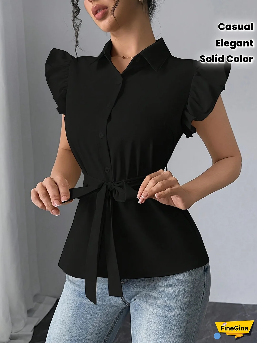 Women‘s Elegant Black Blouse with Contrast Lapel and Tie Front Detail - Slim Fit, Short Sleeve, Solid Color Shirt for Casual or Work Wear