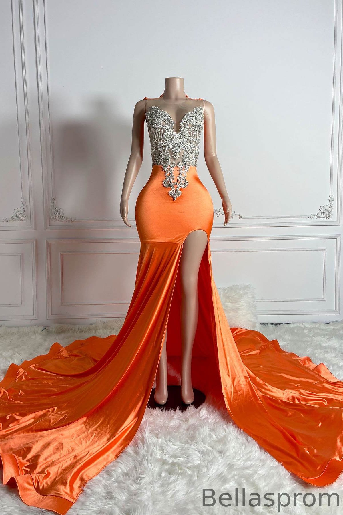 Bellasprom Orange Scoop Sleeveless Mermaid Prom Dress With Split Beadings Bellasprom