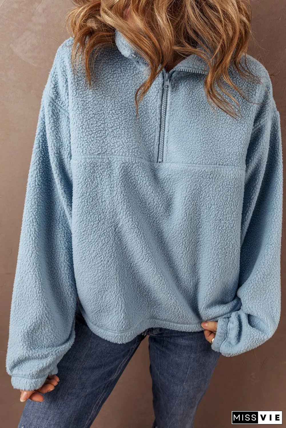 Collared Zipper Drop Shoulder Fleece Sweatshirt