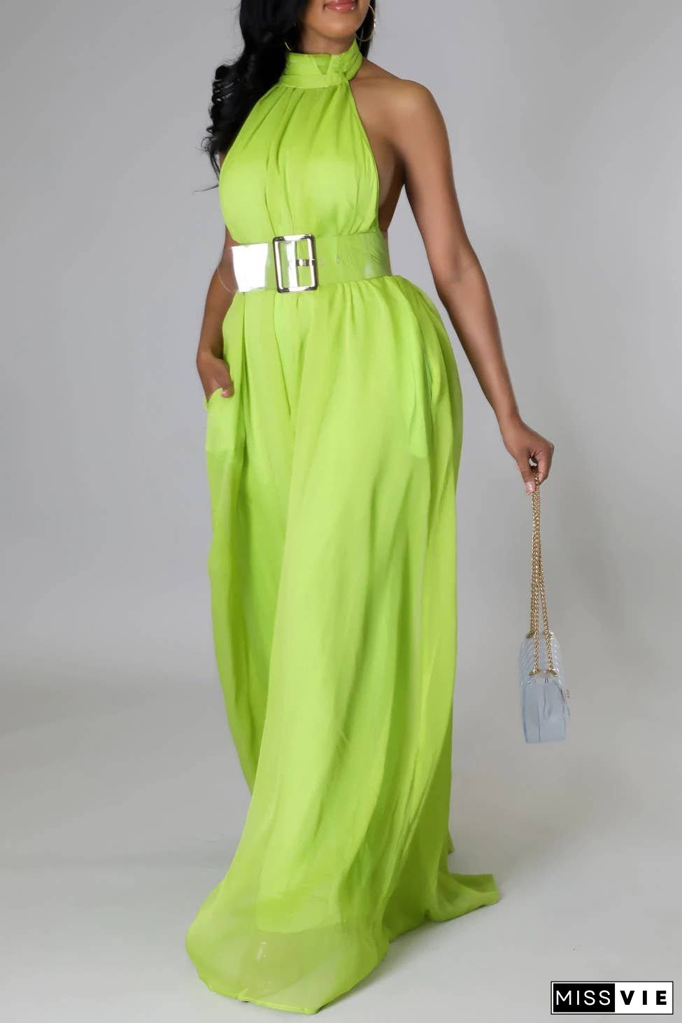 SS/24 chiffon halter backless pleated wide leg jumpsuit